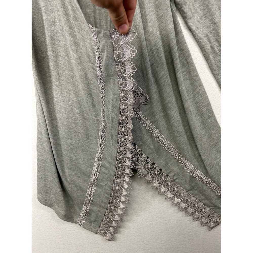 Boho One World Womens Med Gray Lace Trim Open Front Waterfall Cardigan Sweater - Picture 9 of 12